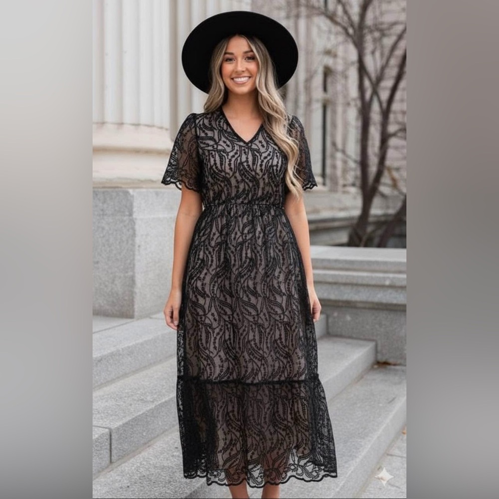 Polagram Black Lace Midi Dress